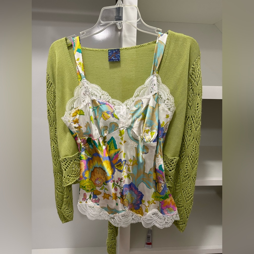 Vintage Silk Cami + Green Crochet Tied Cardigan